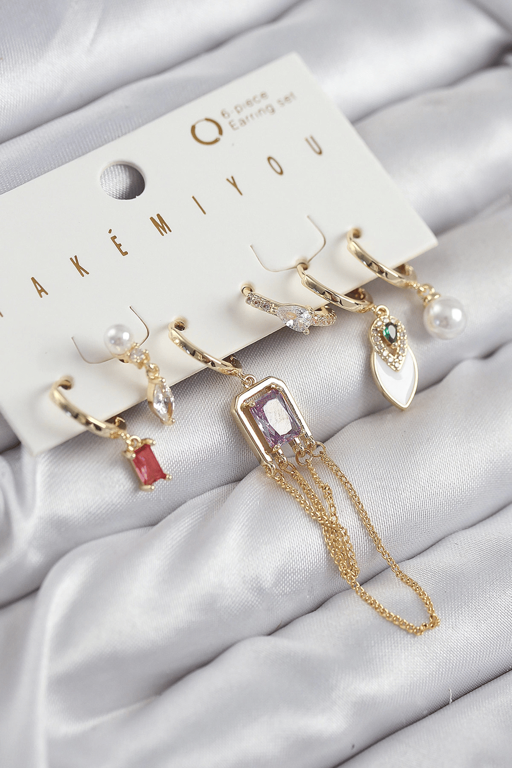 Pirinç Zirkon Taşlı Sallantılı Ve İncili Gold Renk 6'lı Küpe Set