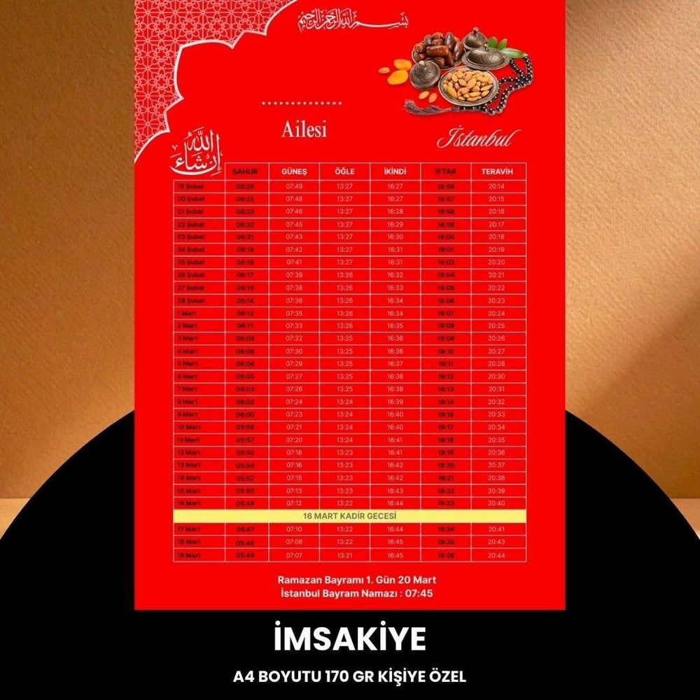Ramazan İmsakiyesi - 170 Gr - A4 Boyut Kişiye Özel İsimli & Logolu 100 Adet Kırmızı