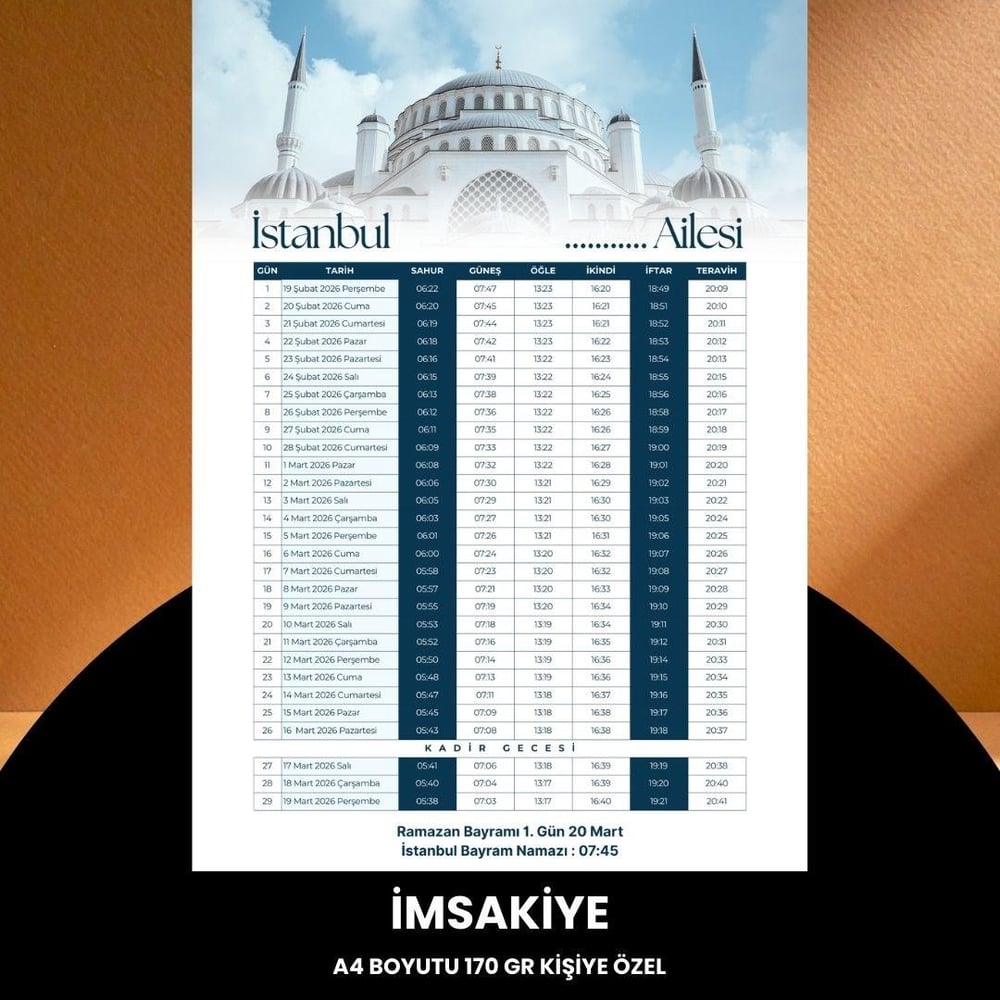 Ramazan İmsakiyesi - 170 Gr - A4 Boyut Kişiye Özel İsimli & Logolu 100 Adet Mavi