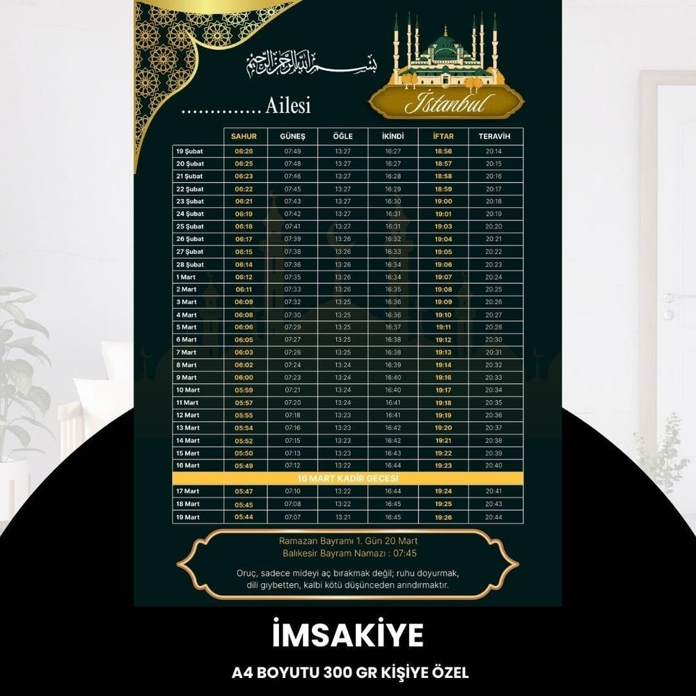 Ramazan İmsakiyesi - 300 Gr - A4 Boyut Kişiye Özel İsimli & Logolu 10 Adet Koyu Yeşil
