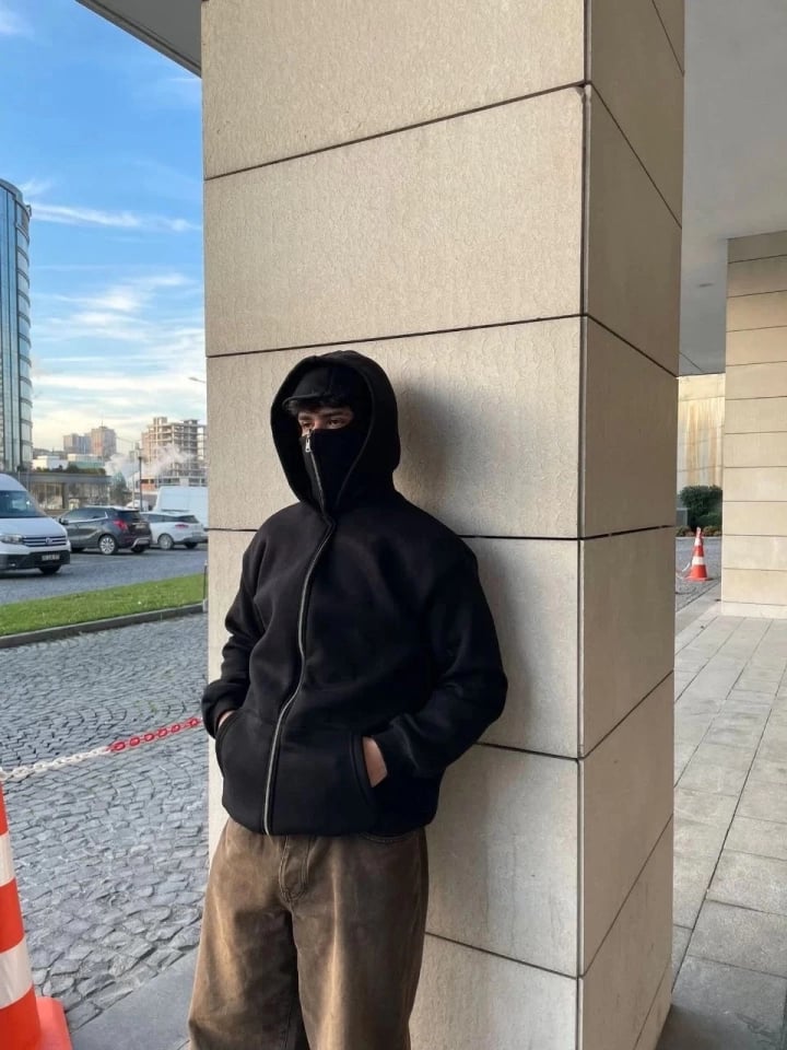 Samuray Ninja Çift Kapşonlu Zıp Fermuarlı Kanguru Çepli Tam Fermuarlı Hoodie Swetshirt - Siyah