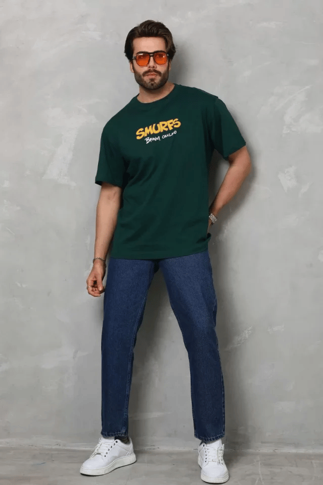 Unisex Basic Bisiklet Yaka Oversize T-shirt - Yeşil