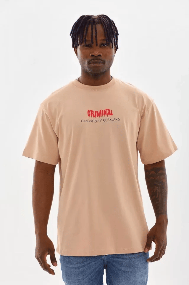 Unisex Baskılı Oversize T-shirt - Bej