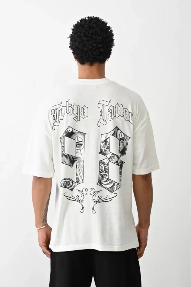 Unisex Baskılı Oversize T-shirt - Beyaz
