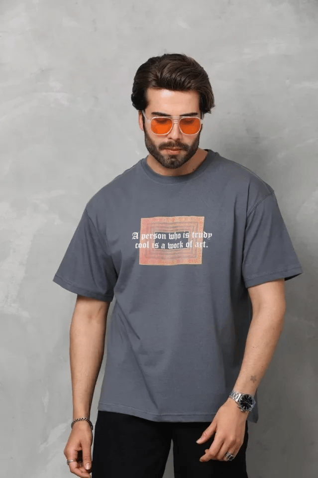 Unisex Bisiklet Yaka Baskılı Oversize T-shirt - Füme
