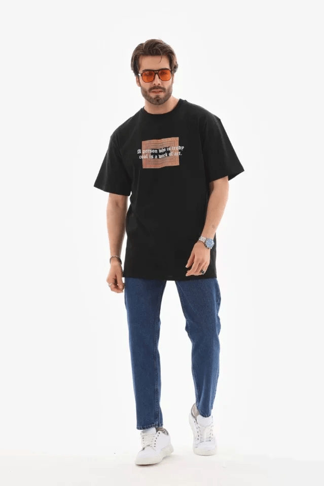 Unisex Bisiklet Yaka Baskılı Oversize T-shirt - Siyah