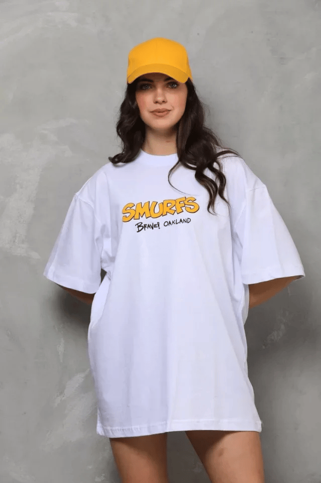 Unisex Bisiklet Yaka Baskılı Oversize T-shirt - Beyaz