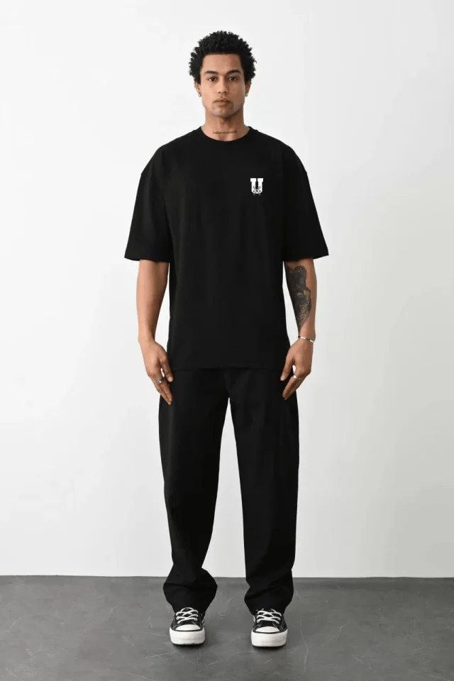 Unisex Bisiklet Yaka Baskılı Oversize T-shirt - Siyah