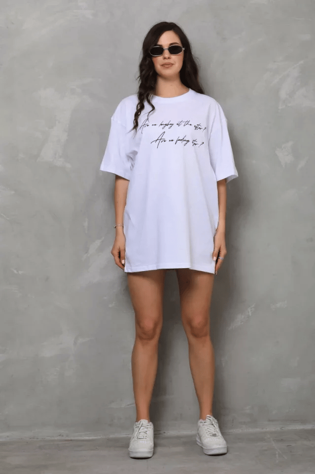 Unisex Bisiklet Yaka Baskılı Oversize T-shirt - Beyaz