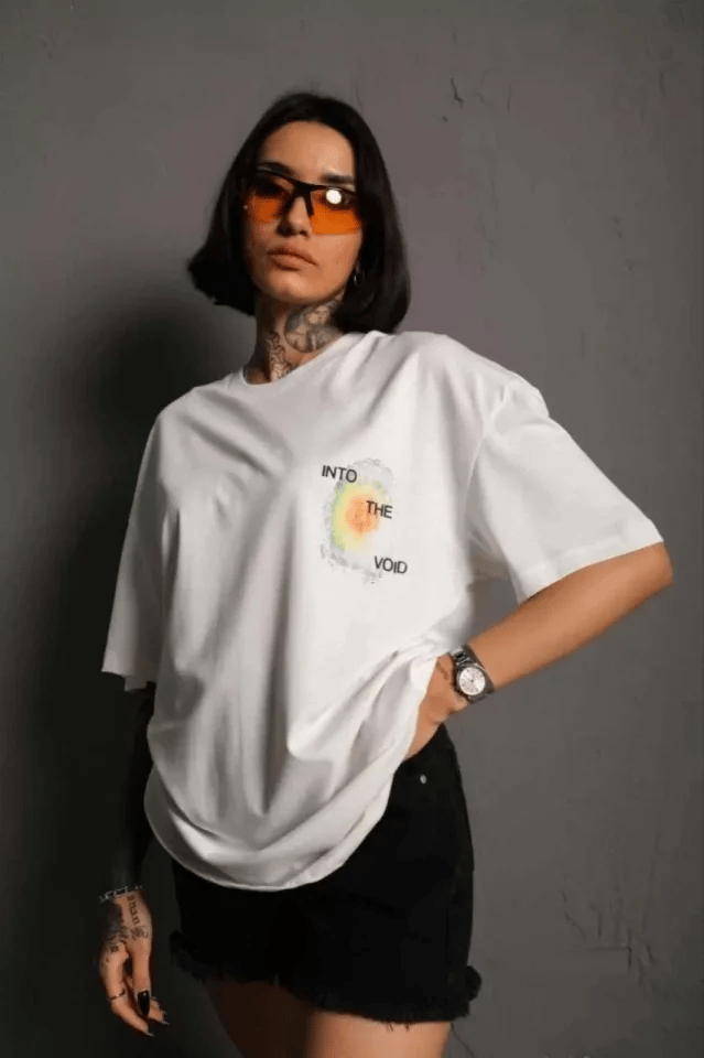 Unisex Bisiklet Yaka Baskılı Oversize T-shirt - Beyaz