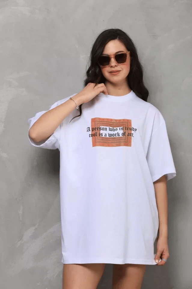 Unisex Bisiklet Yaka Baskılı Oversize T-shirt - Beyaz
