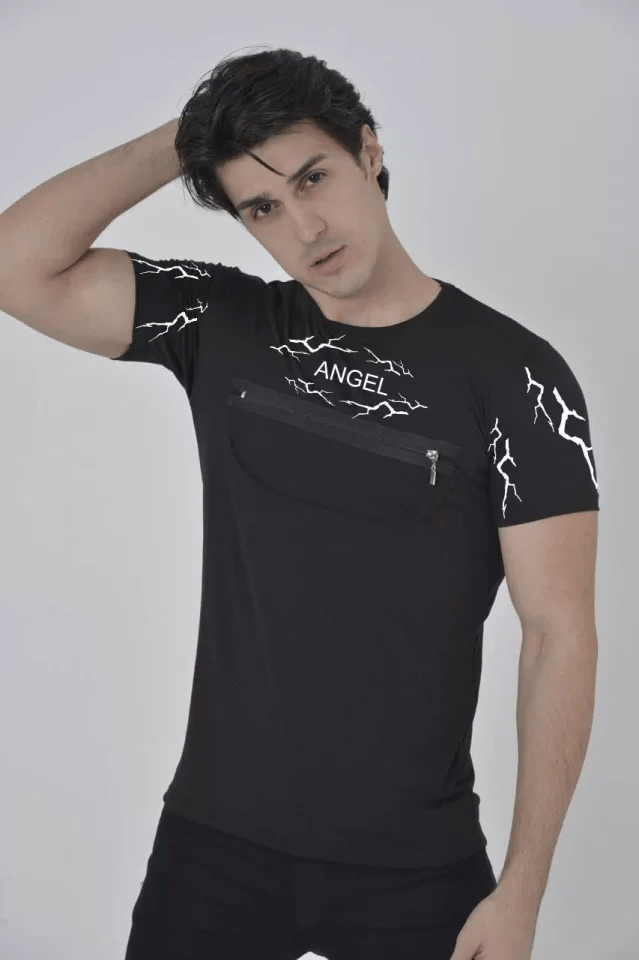 Unisex Göğüs Fermuarlı Baskılı T-shirt - Siyah