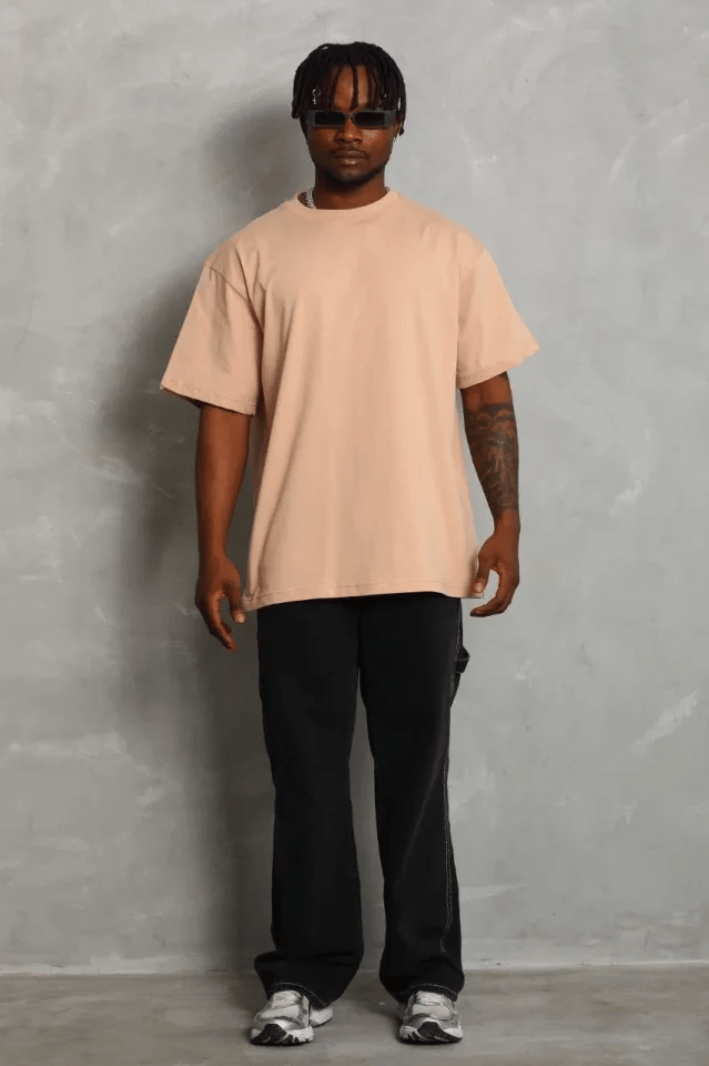 Unisex Oversize Düz Bisiklet Yaka T-shirt - Bej