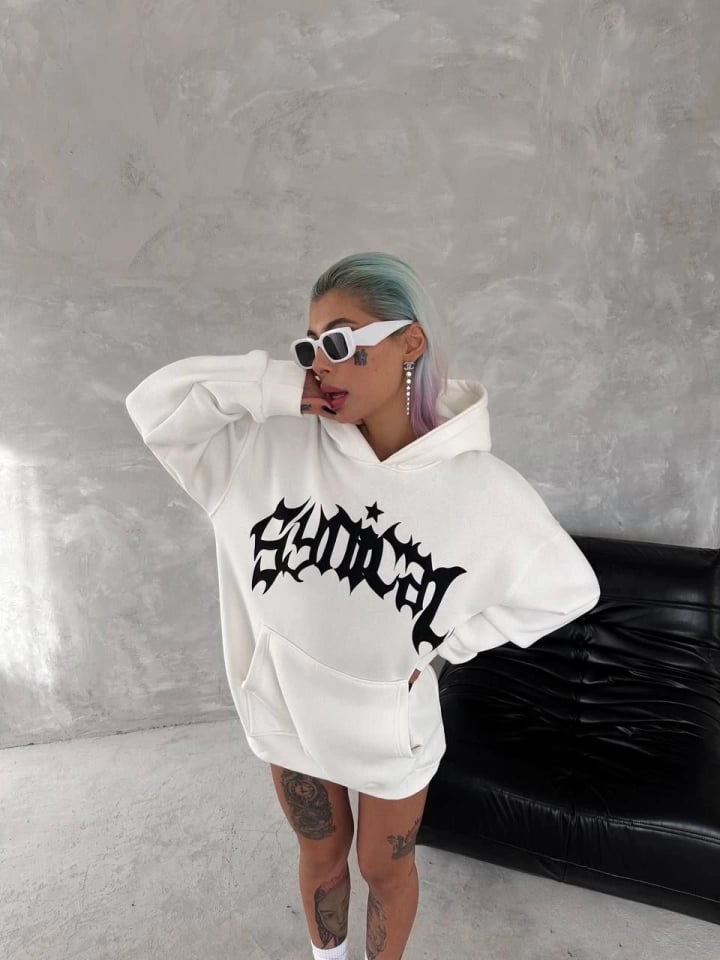 Unisex Üç İplik Kapşonlu Baskılı Sweatshirt - Beyaz