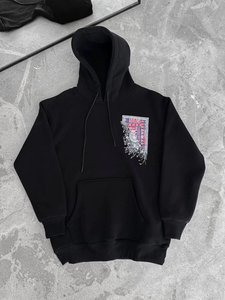 Uzun Kol Kapşonlu Ön Ve Arka Baskılı Sweatshirt - Siyah