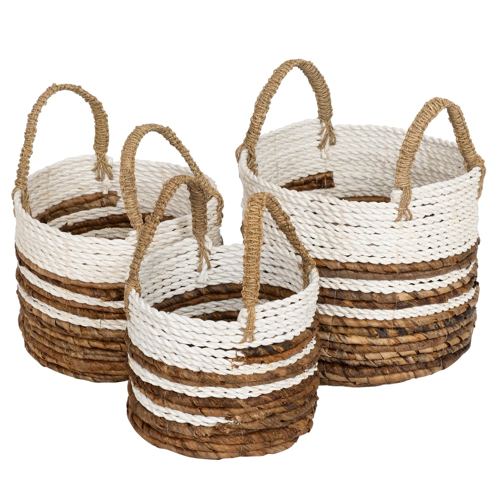 Hasır Sepet 3 lü Naturel Beyaz H 18 cm Kulplu