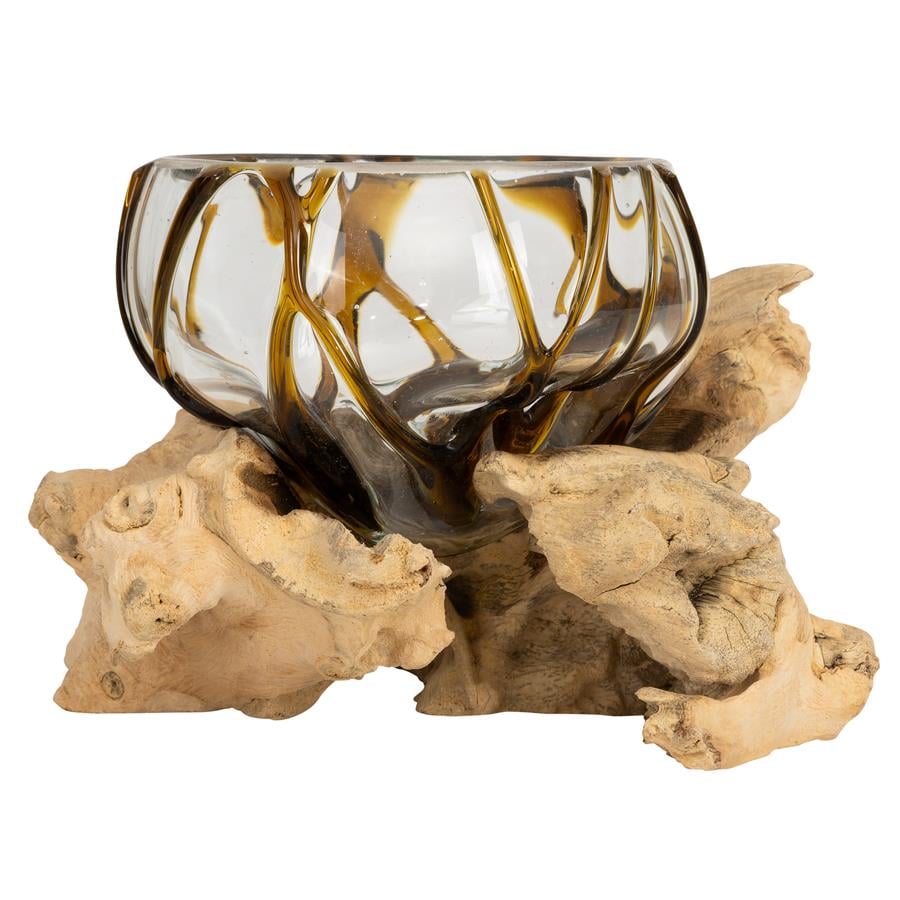 Vazo Ahşaba Cam Üfleme Bowl  10 cm Amber Çizgili