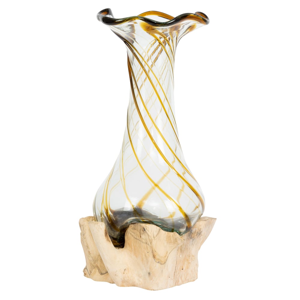 Vazo Ahşaba Cam Üfleme Bowl  25 cm Amber Çizgili