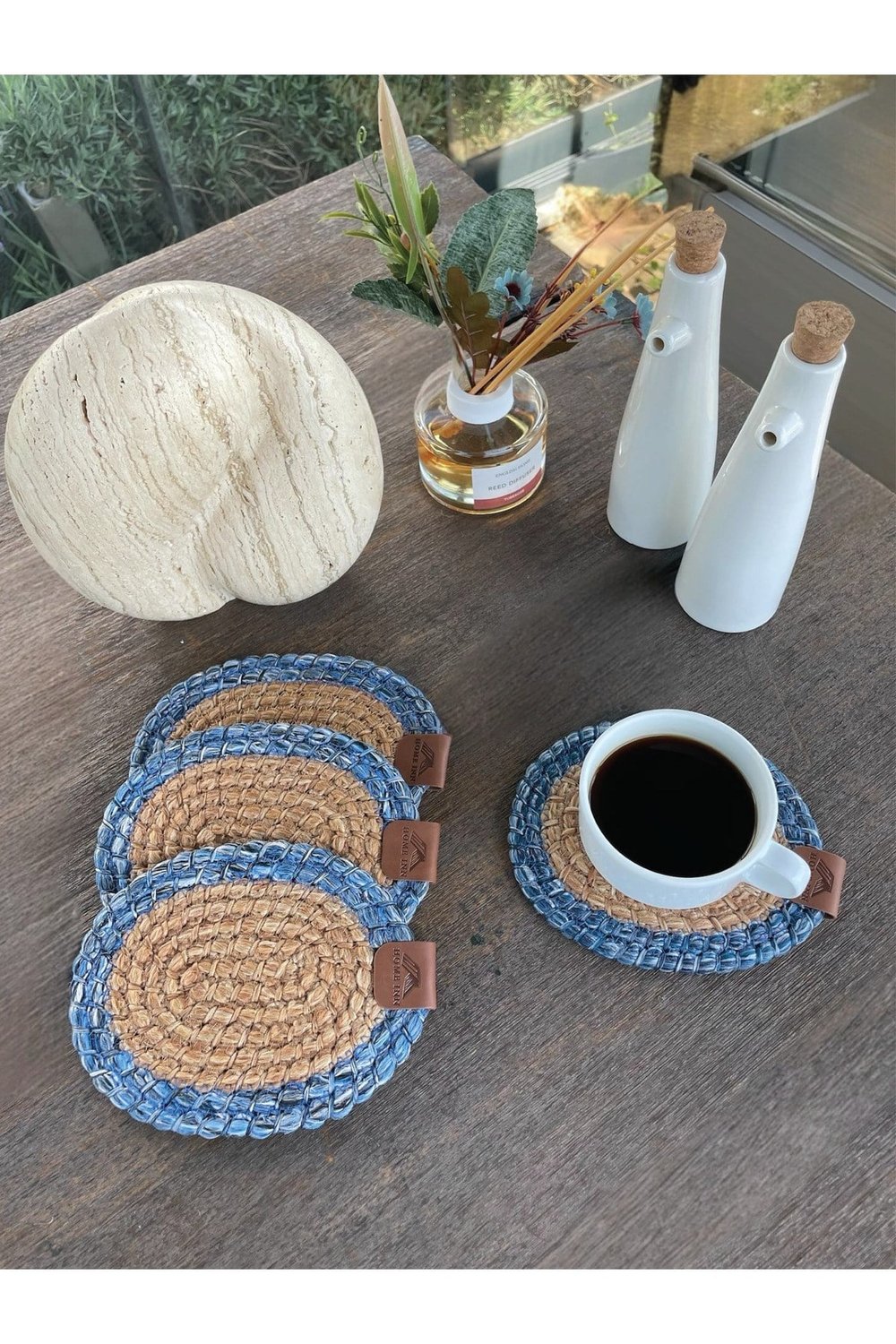 4 Adet Oval Bardak Altlığı- Leke Tutmaz- Naturel-Mavi 13x17 cm
