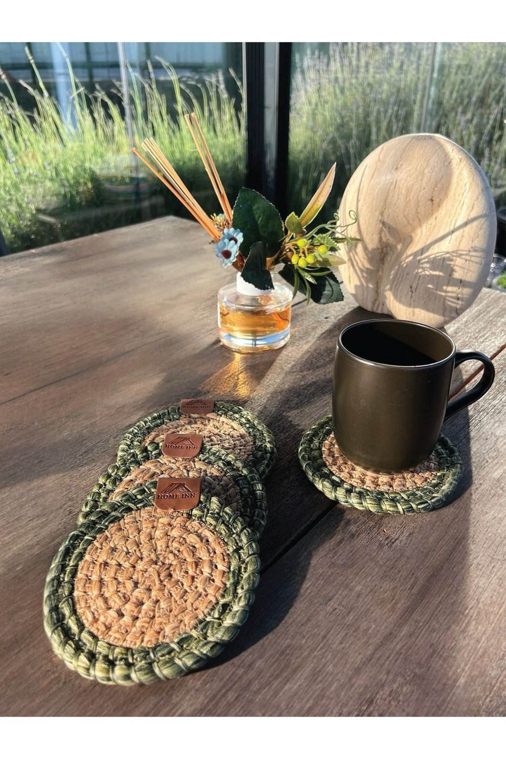 4 Adet Oval Bardak Altlığı- Leke Tutmaz- Naturel-Yeşil 13x17 cm