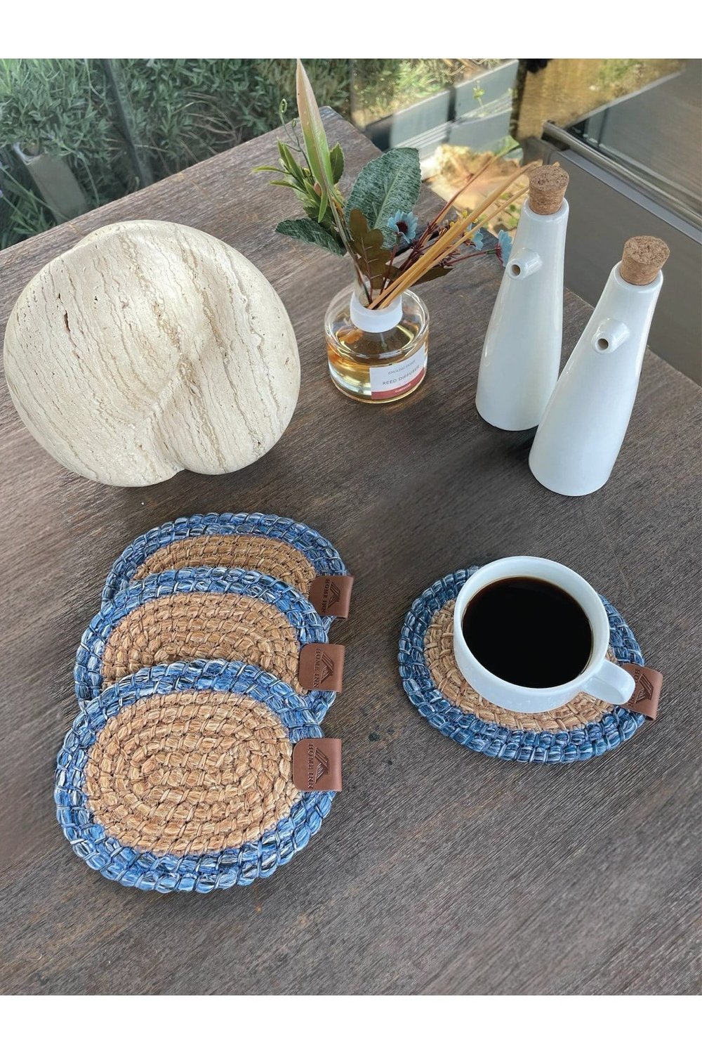 4 Adet Oval Dekoratif Bardak Altlığı Seti - Yuvarlak , Leke Tutmaz- Naturel-mavi 13x17 Cm