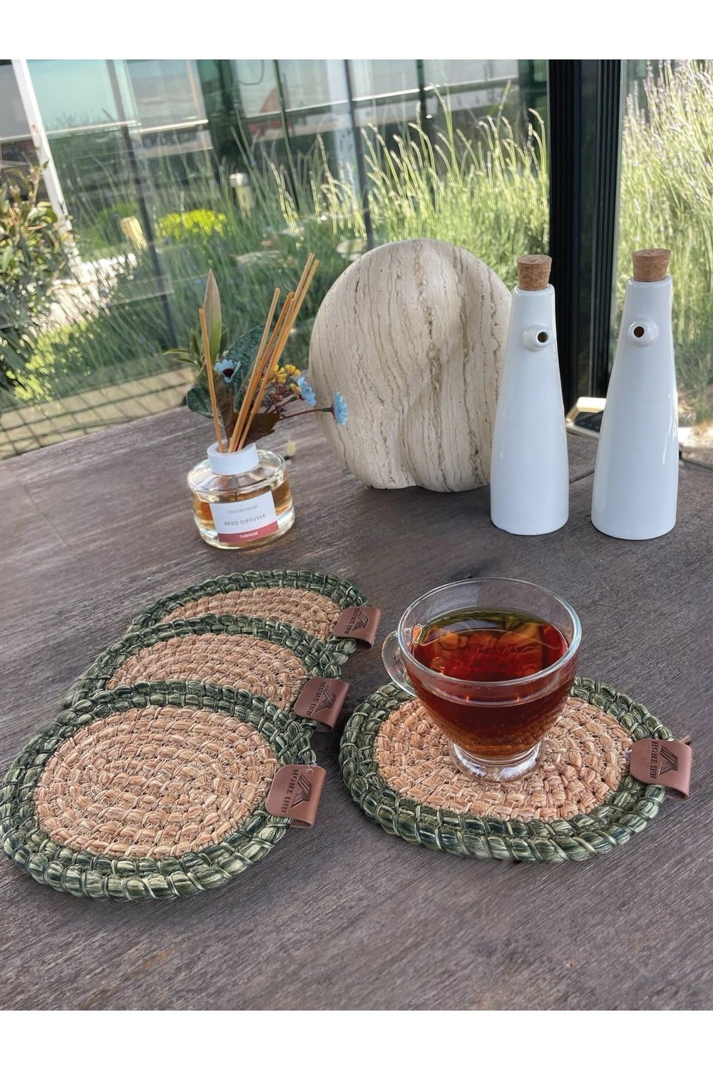 4 Adet Oval Dekoratif Bardak Altlığı Seti - Yuvarlak , Leke Tutmaz - Naturel-yeşil 13x17 Cm