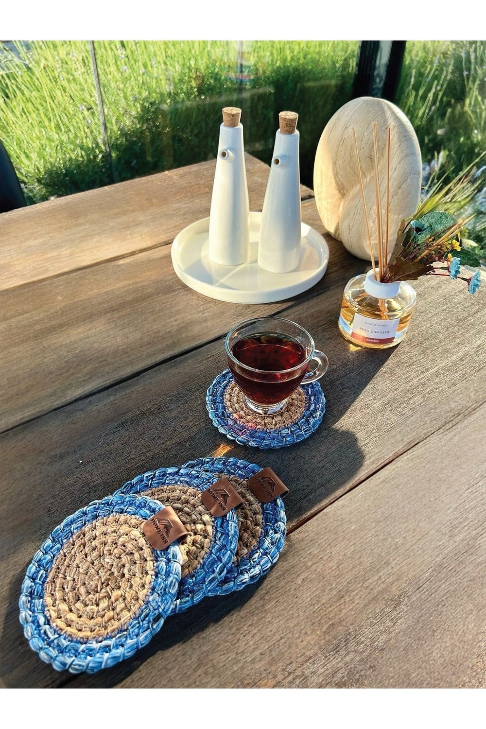 4 Adet Yuvarlak Bardak Altlığı- Leke Tutmaz- Naturel-Mavi13x13 cm