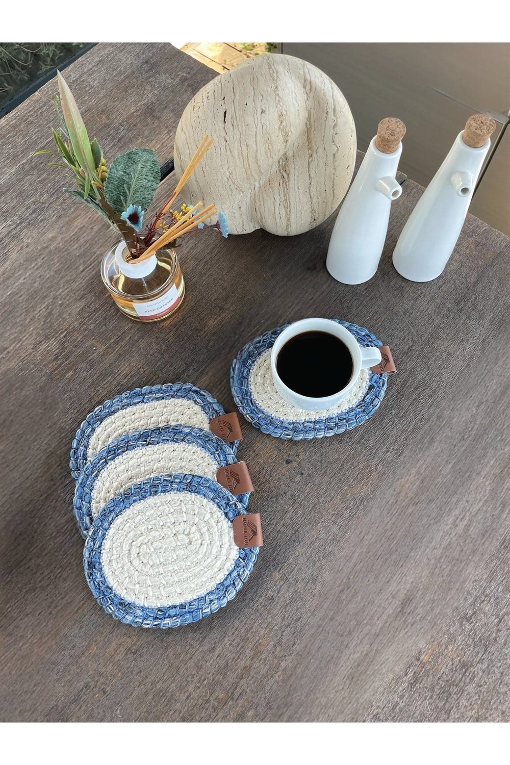 4 Adet Yuvarlak Bardak Altlığı- Leke Tutmaz- Mavi-Beyaz 13x13 cm