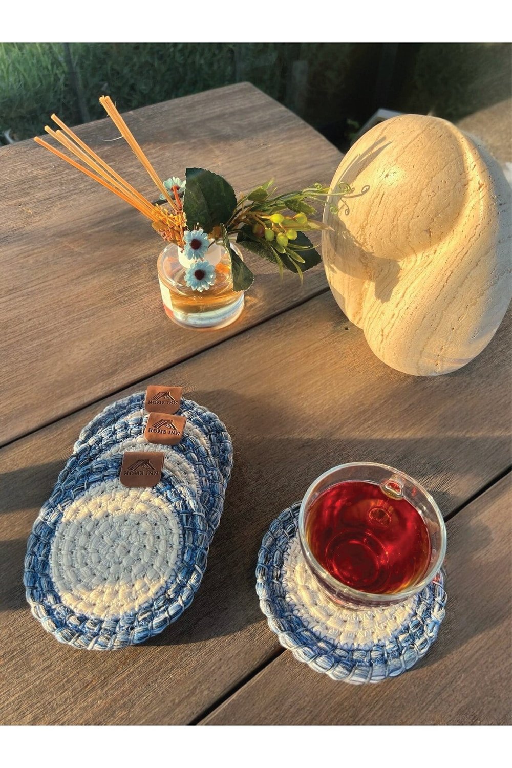 4 Adet Yuvarlak Dekoratif Bardak Altlığı Seti - Yuvarlak , Leke tutmaz- Mavi-Beyaz 13x13 cm
