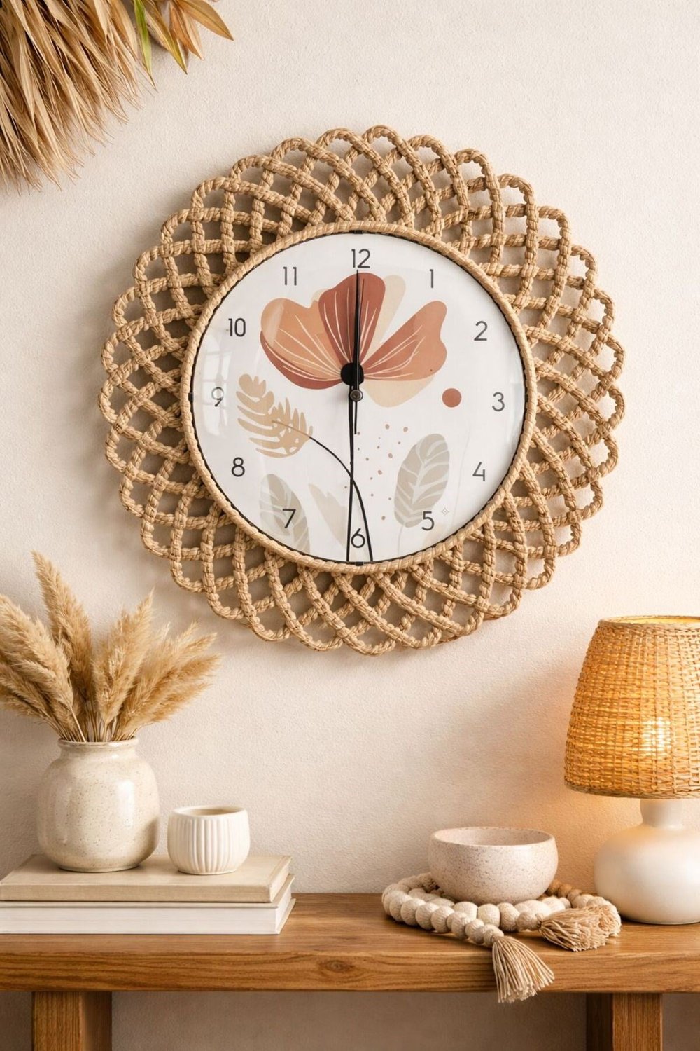 Bohem Hasır Çerçeveli Duvar Saati – Modern Görünümlü Dekoratif Salon Saati – 43 cm