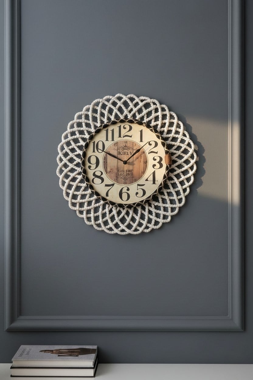 Bohem Hasır Çerçeveli Duvar Saati – Modern Görünümlü Dekoratif Salon Saati – 43 cm Beyaz/Natural