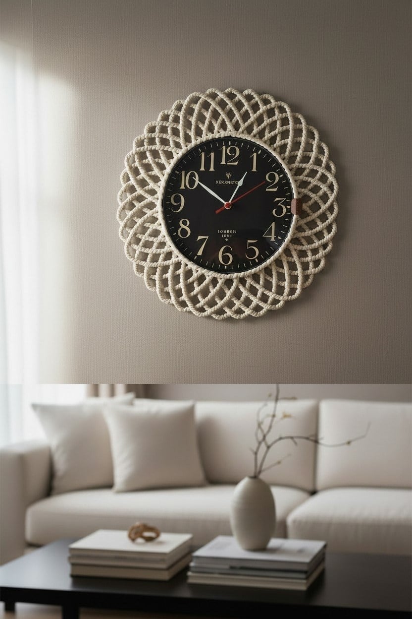 Bohem Hasır Çerçeveli Duvar Saati – Modern Görünümlü Dekoratif Salon Saati – 43 cm Beyaz/Siyah
