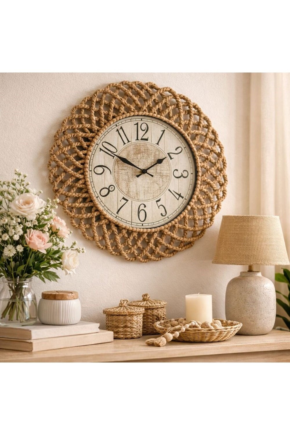 Bohem Hasır Görünümlü Duvar Saati – Modern Görünümlü Dekoratif Salon Saati – 43 cm