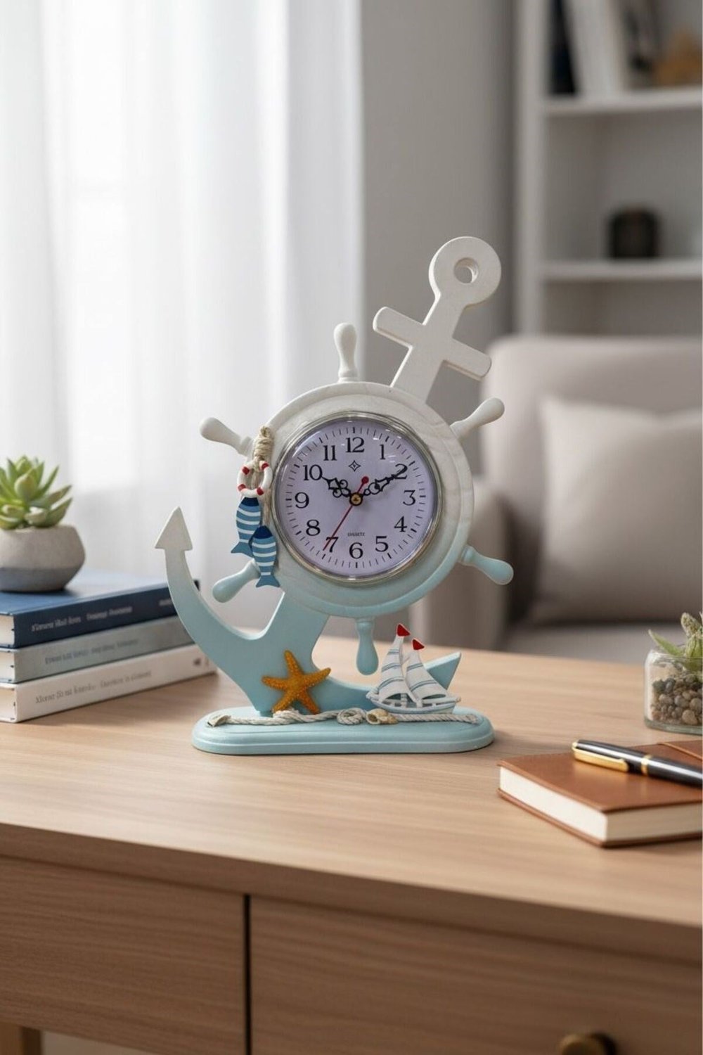 Denizci Çapa Tasarımlı Dekoratif Masa Saati | Marin Temalı Ahşap Görünümlü Saat 31 cm