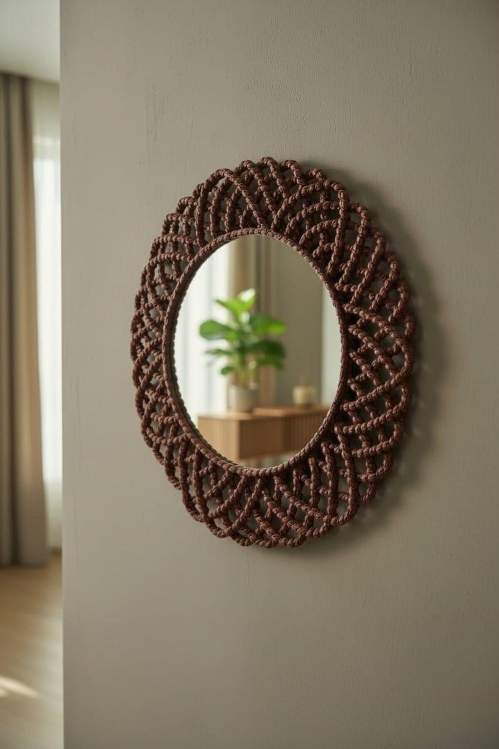 Hasır Görünümlü Dekoratif Duvar Aynası 43 cm – Bordo Renk Rustik & Bohem Ev Dekorasyon Aksesuarı