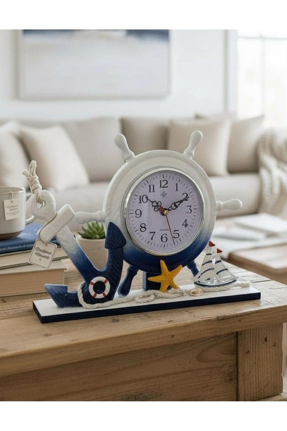 Marin Çapa ve Dümen Tasarımlı Dekoratif Masa Saati | Deniz Temalı Büyük Boy Saat 21x30 cm