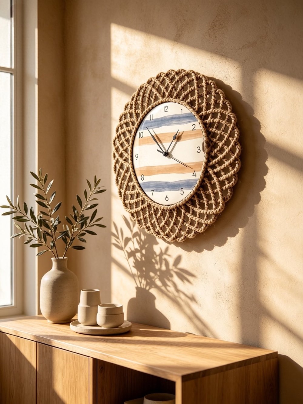 Modern Bohem Hasır Görünümlü Duvar Saati Mavi Bej Çizgili Dekoratif Salon Saati 43 CM