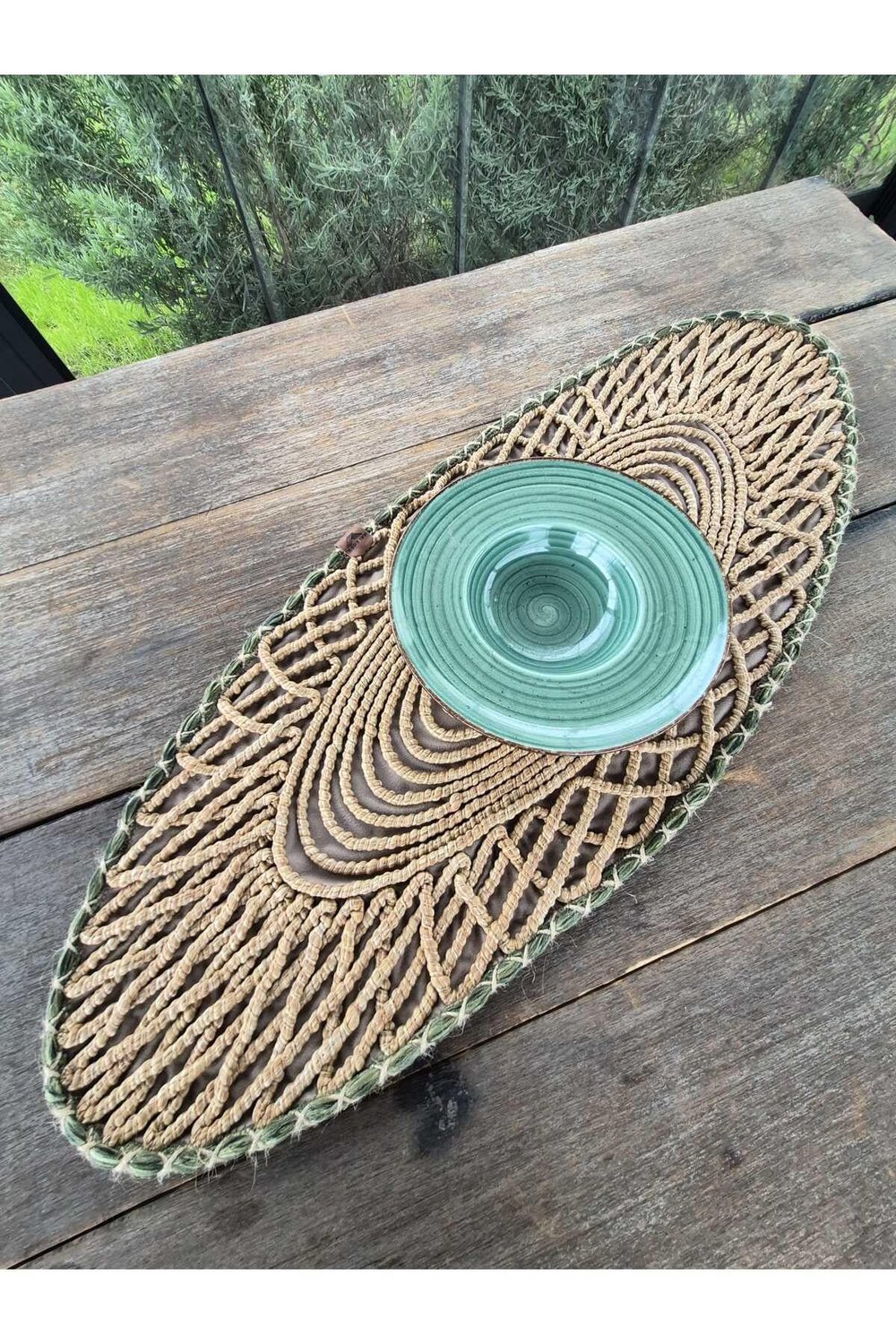 Oval Modern Runner - 85x35 cm Örme Model Masa Örtüsü - Naturel Yeşil Desenli Runner