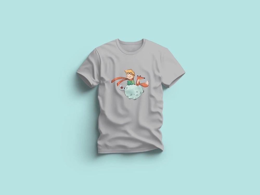 Kaliteli Penye Kadın Erkek Yetişkin Baskılı Beyaz Gri Siyah Tshirt Küçük Prens Gri