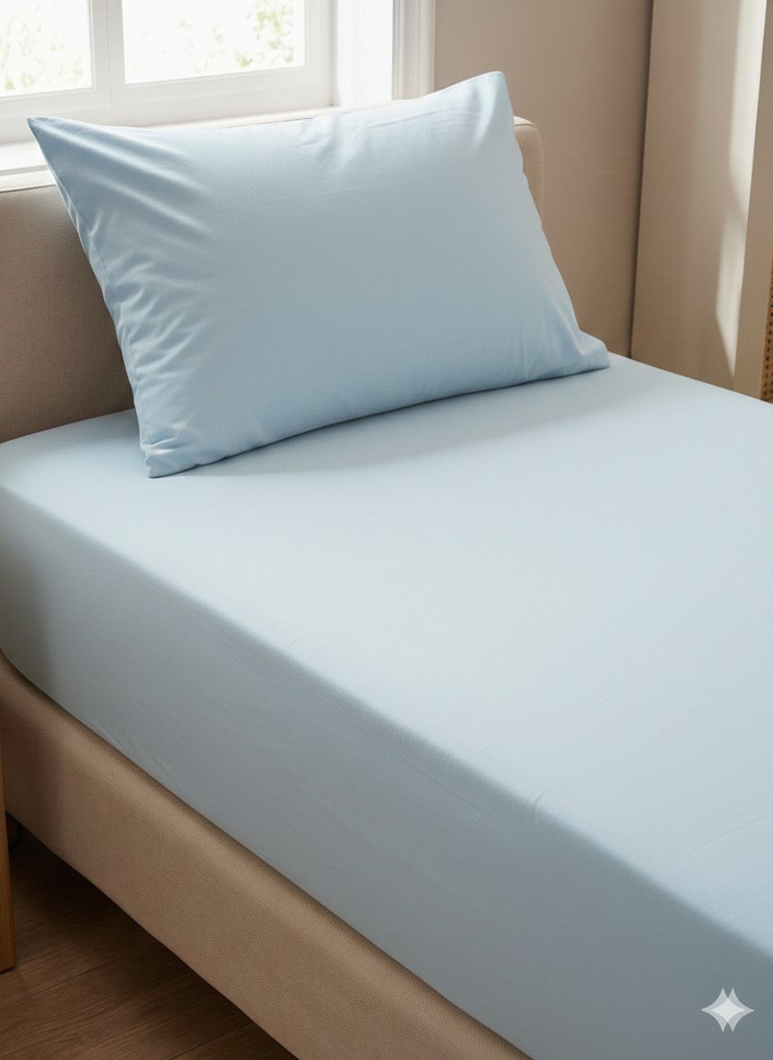 Maki Home %100 Pamuklu Buz Mavisi 90x190+50x70 cm tek kişilik lastikli çarşaf takımı