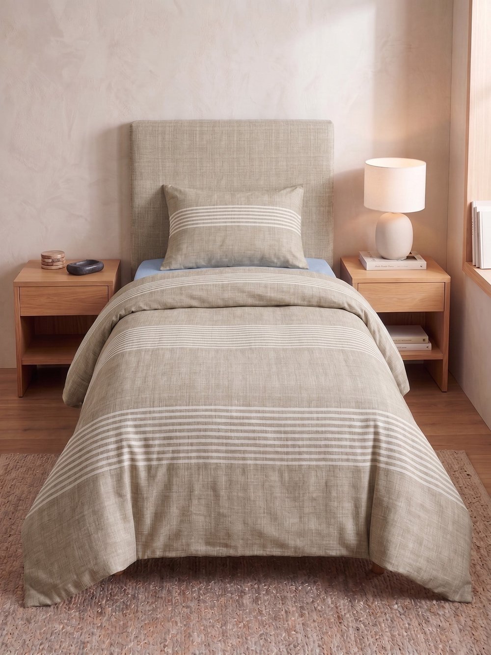 Maki Home %100 Pamuklu Keten Görünümlü Bej Çizgili Modern 160x220 Tek Kişilik Nevresim Seti