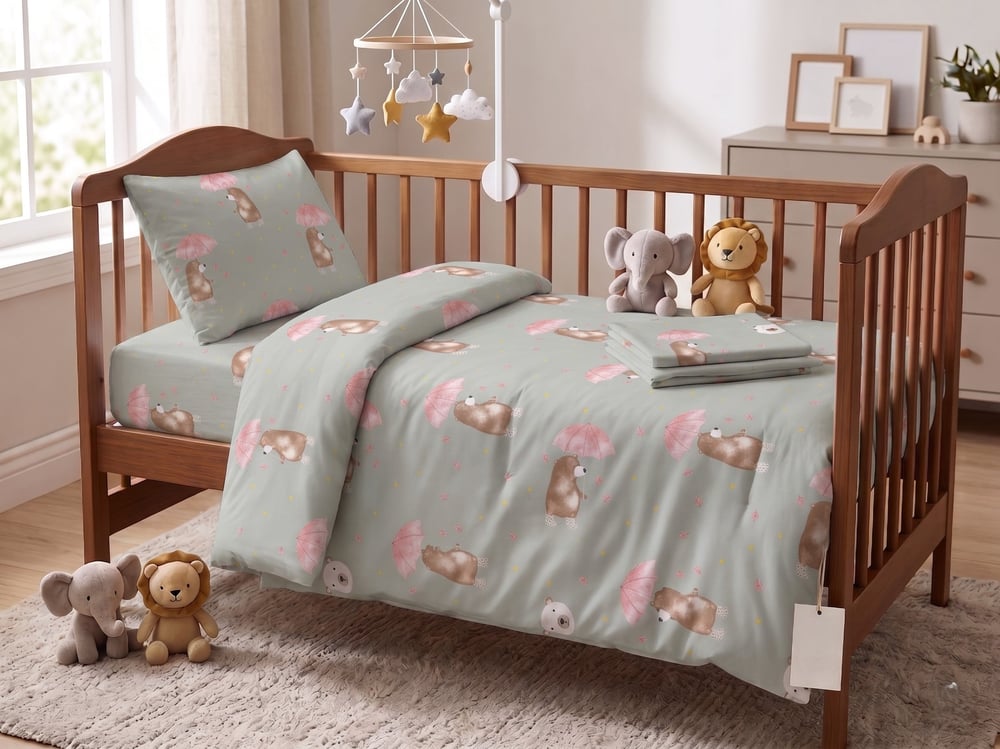 Maki Home %100 Pamuklu Pembe Şemsiyeli Ayıcık Desenli Su Yeşili Bebek Nevresim Takımı