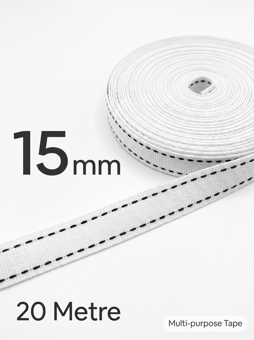 Maki Home Siyah Dikiş Detaylı Beyaz Şerit Kurdele 1.5 cm En 20 Metre Uzunluk 