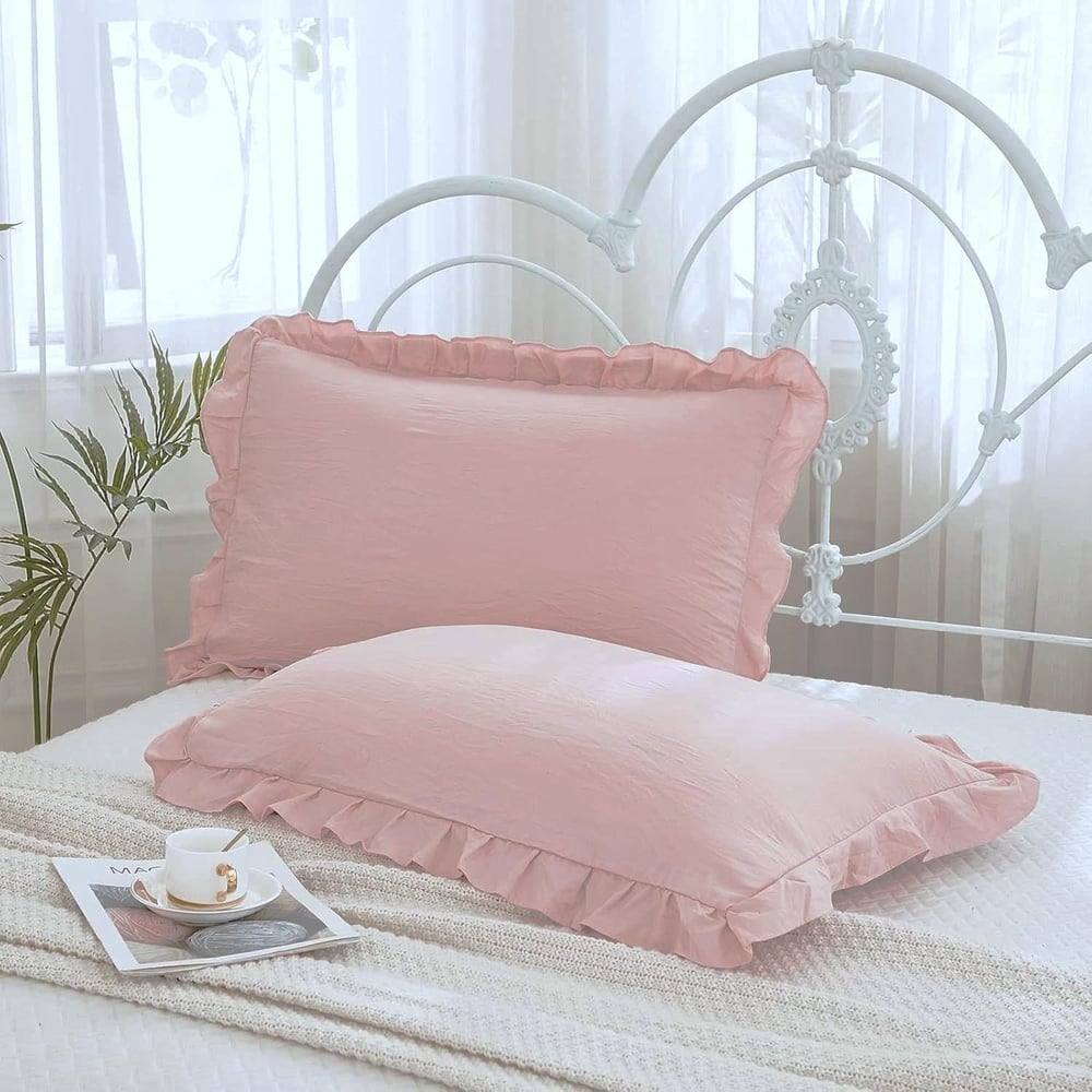 Maki Home Yüzde Yüz Pamuklu Açık Pembe Beyaz Fırfırlı İki Adet 50x70 Yastık Kılıfı Seti