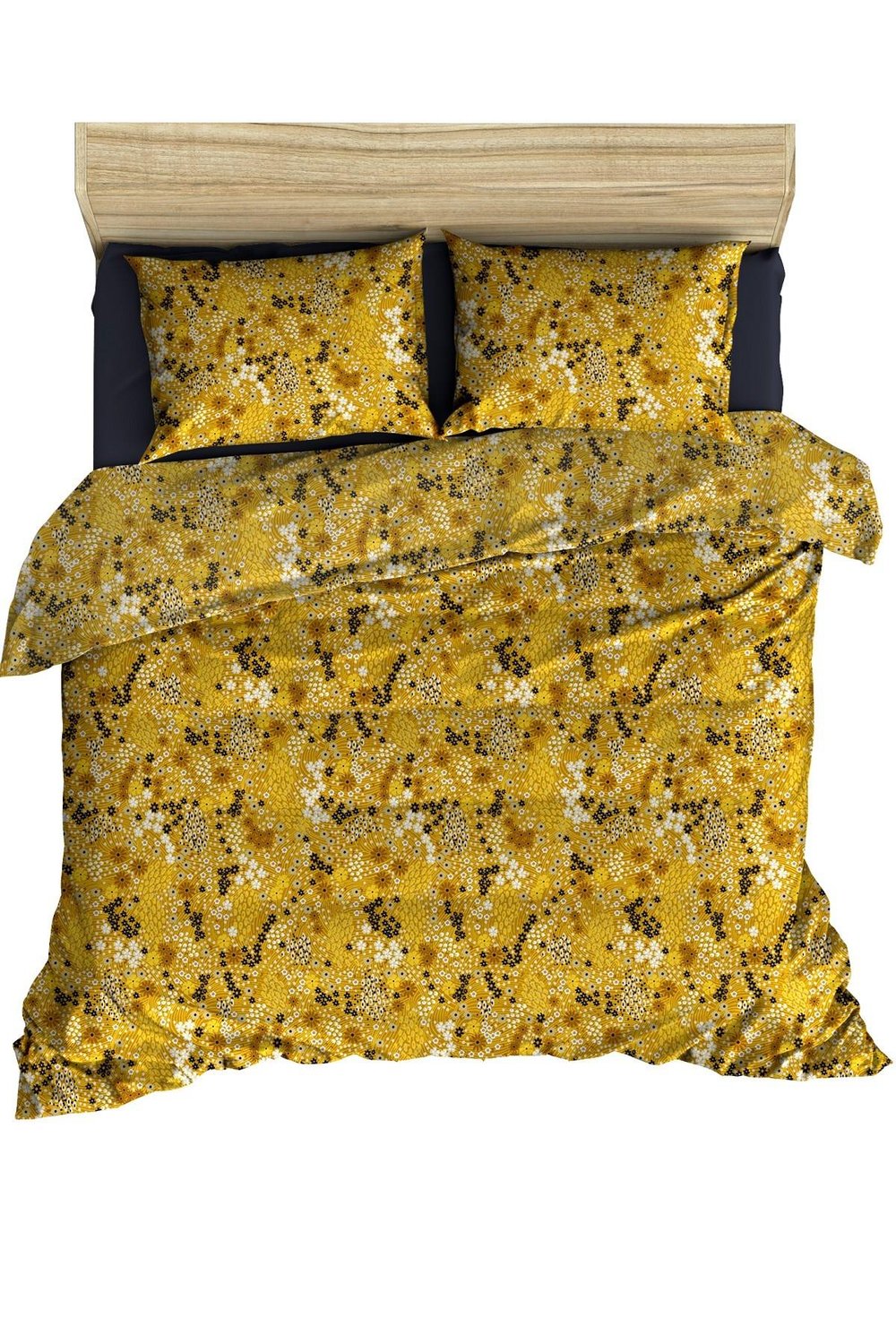 Makiteks %100 Pamuklu Hardal Kır Çiçekleri 200x220+2*(50x70) Çift Kişilik Nevresim Seti