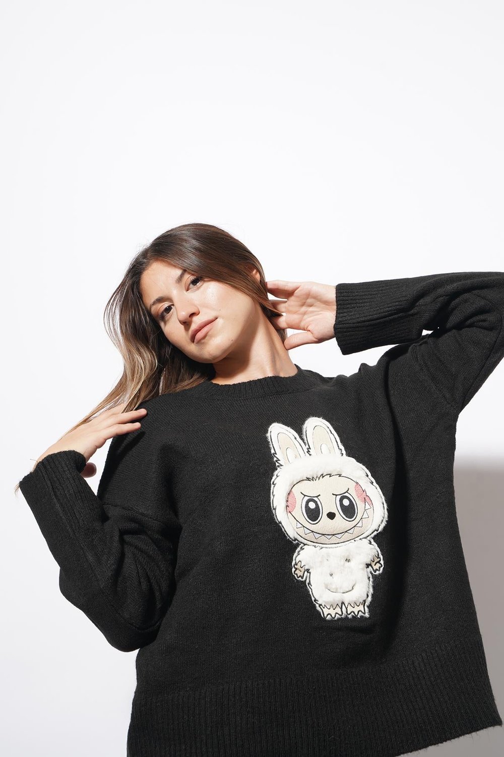Bunny Labubu Detaylı Triko Kazak Siyah