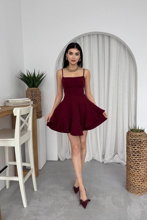Corne İp Askılı Elbise Bordo