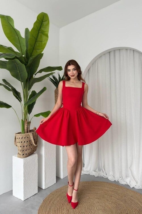 Dresna Fiyonk Detaylı Elbise Kırmızı