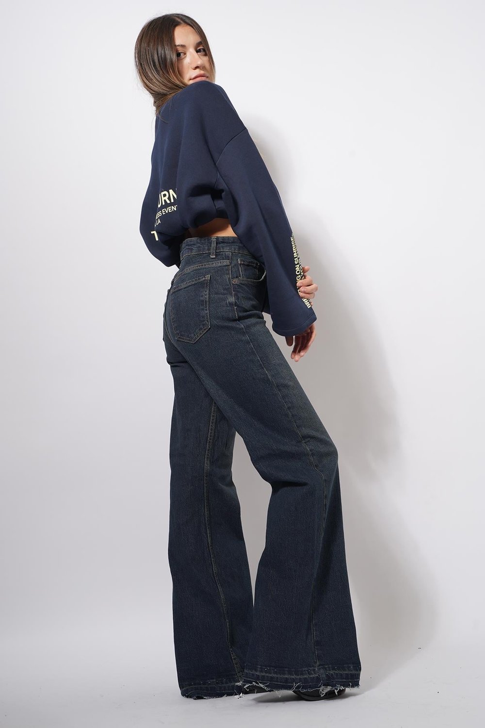 Durme Püskül Paça Wideleg Pantolon Kot Mavi