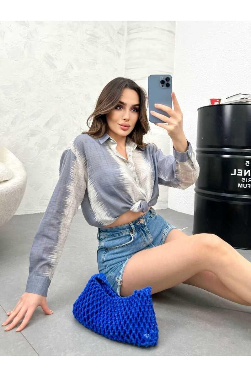 Evans Yüksek Kalite Kadın Keten Oversize Gömlek Mavi Beyaz